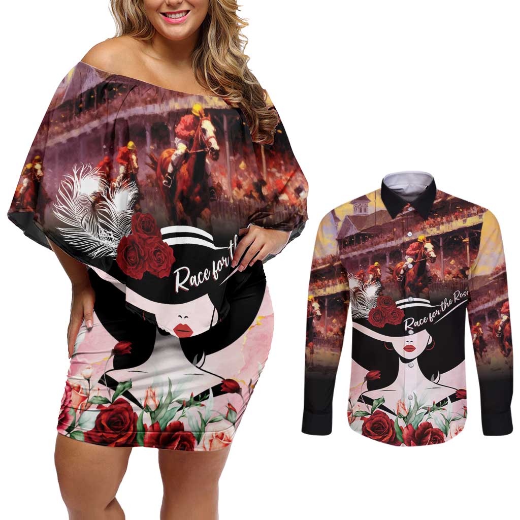 Kentucky Horse Racing Couples Matching Off Shoulder Short Dress and Long Sleeve Button Shirt Derby Girl - Marble Roses