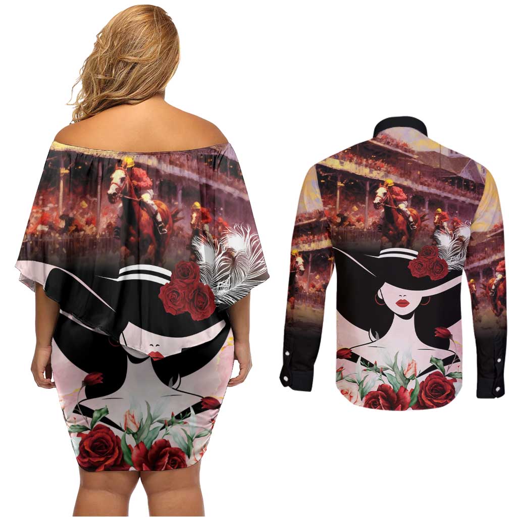 Kentucky Horse Racing Couples Matching Off Shoulder Short Dress and Long Sleeve Button Shirt Derby Girl - Marble Roses