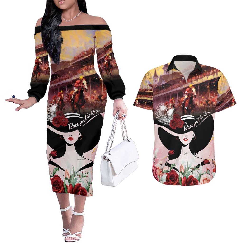 Kentucky Horse Racing Couples Matching Off The Shoulder Long Sleeve Dress and Hawaiian Shirt Derby Girl - Marble Roses