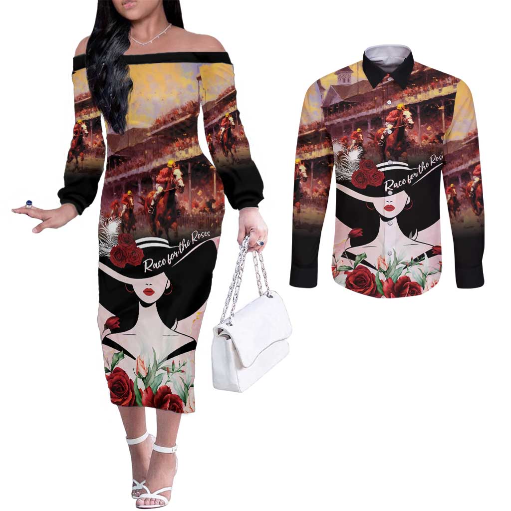 Kentucky Horse Racing Couples Matching Off The Shoulder Long Sleeve Dress and Long Sleeve Button Shirt Derby Girl - Marble Roses