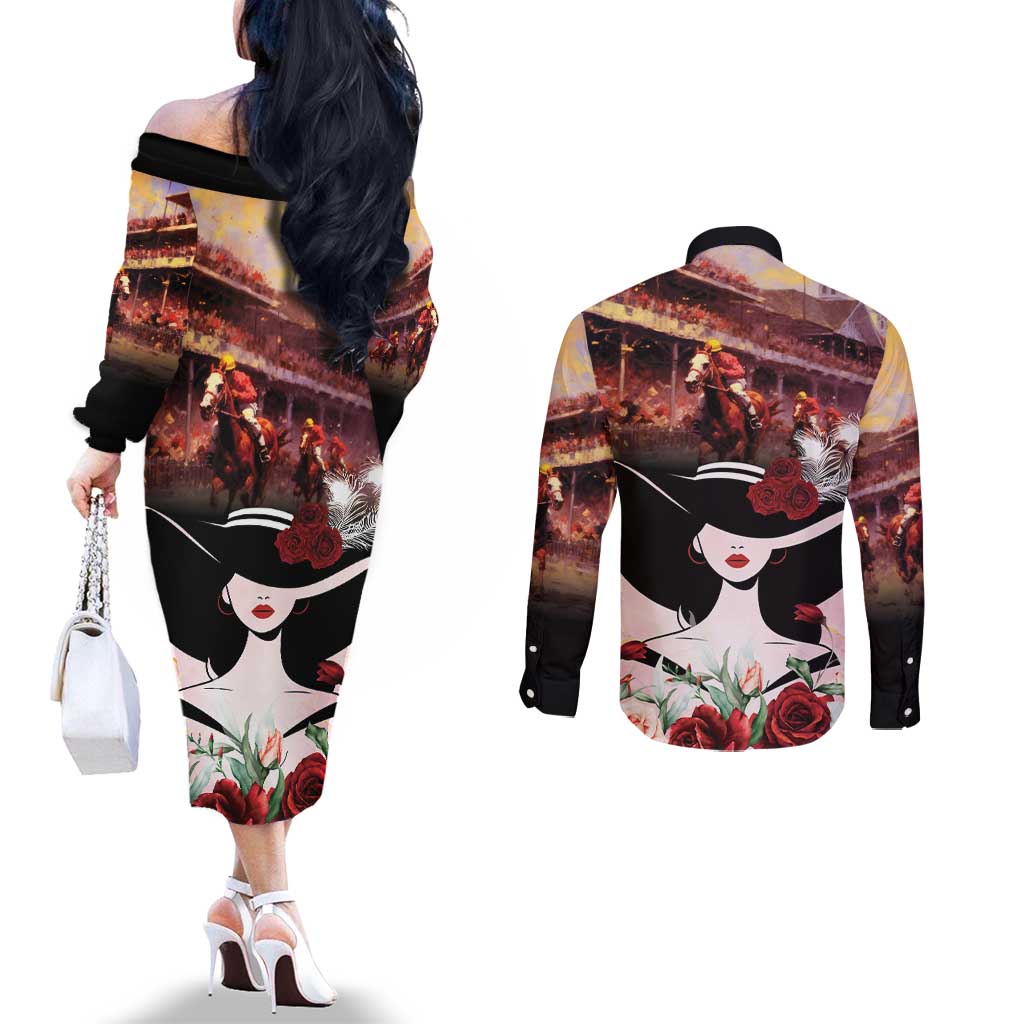 Kentucky Horse Racing Couples Matching Off The Shoulder Long Sleeve Dress and Long Sleeve Button Shirt Derby Girl - Marble Roses