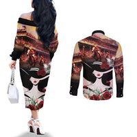 Kentucky Horse Racing Couples Matching Off The Shoulder Long Sleeve Dress and Long Sleeve Button Shirt Derby Girl - Marble Roses