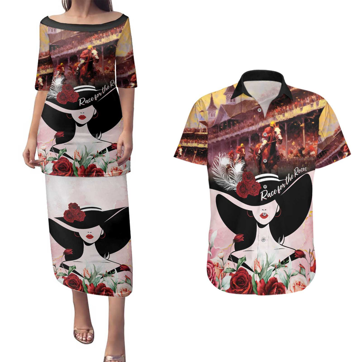 Kentucky Horse Racing Couples Matching Puletasi and Hawaiian Shirt Derby Girl - Marble Roses