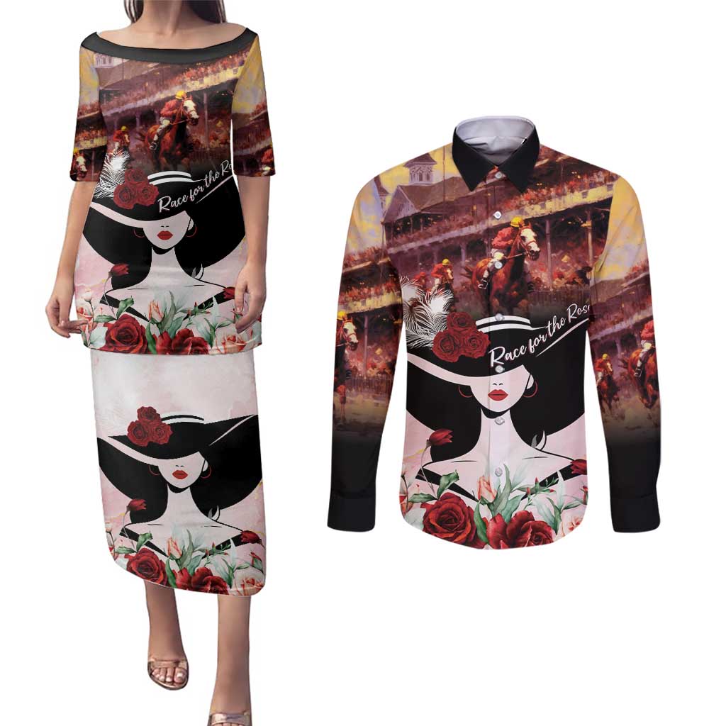 Kentucky Horse Racing Couples Matching Puletasi and Long Sleeve Button Shirt Derby Girl - Marble Roses