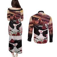 Kentucky Horse Racing Couples Matching Puletasi and Long Sleeve Button Shirt Derby Girl - Marble Roses