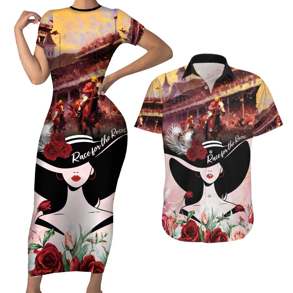 Kentucky Horse Racing Couples Matching Short Sleeve Bodycon Dress and Hawaiian Shirt Derby Girl - Marble Roses