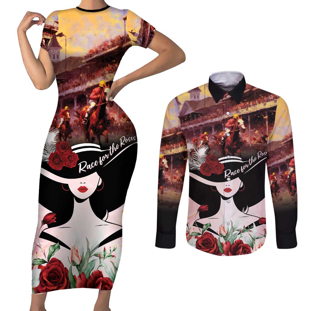 Kentucky Horse Racing Couples Matching Short Sleeve Bodycon Dress and Long Sleeve Button Shirt Derby Girl - Marble Roses