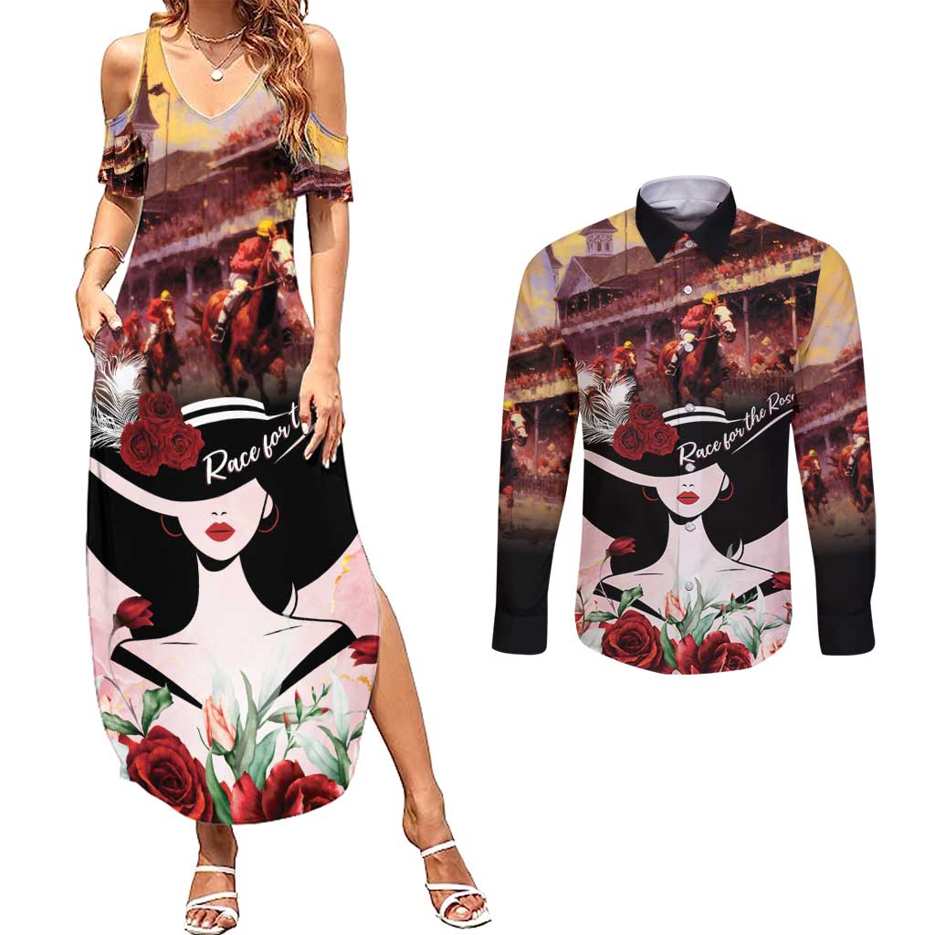Kentucky Horse Racing Couples Matching Summer Maxi Dress and Long Sleeve Button Shirt Derby Girl - Marble Roses