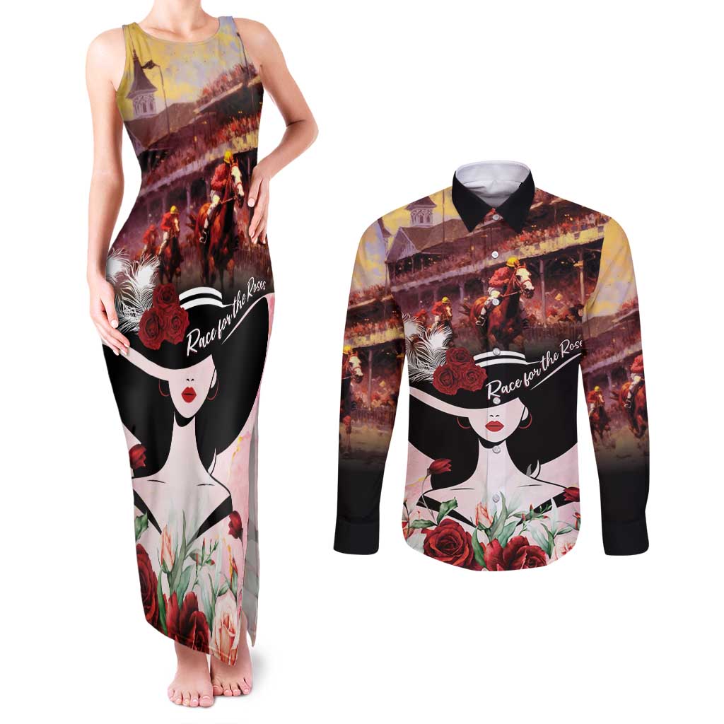 Kentucky Horse Racing Couples Matching Tank Maxi Dress and Long Sleeve Button Shirt Derby Girl - Marble Roses