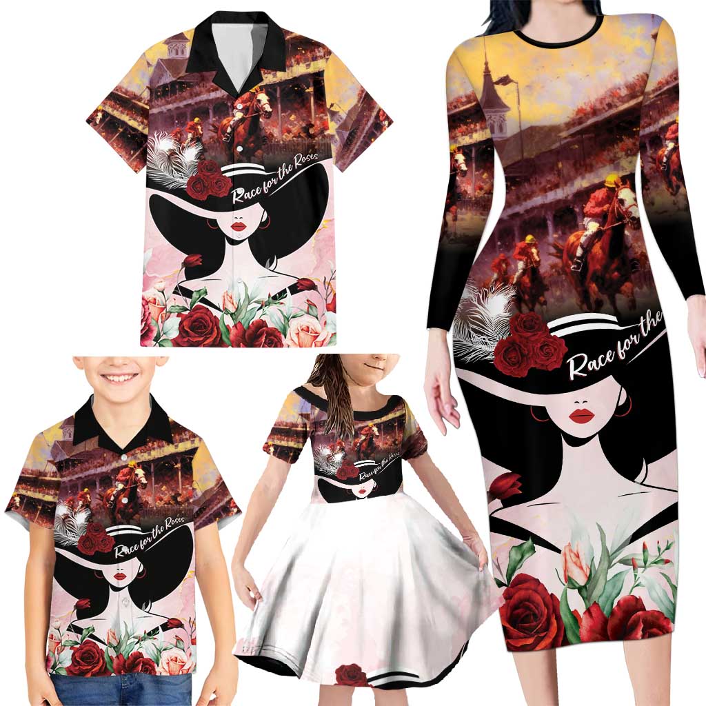 Kentucky Horse Racing Family Matching Long Sleeve Bodycon Dress and Hawaiian Shirt Derby Girl - Marble Roses