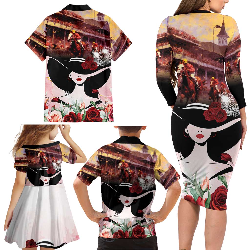 Kentucky Horse Racing Family Matching Long Sleeve Bodycon Dress and Hawaiian Shirt Derby Girl - Marble Roses