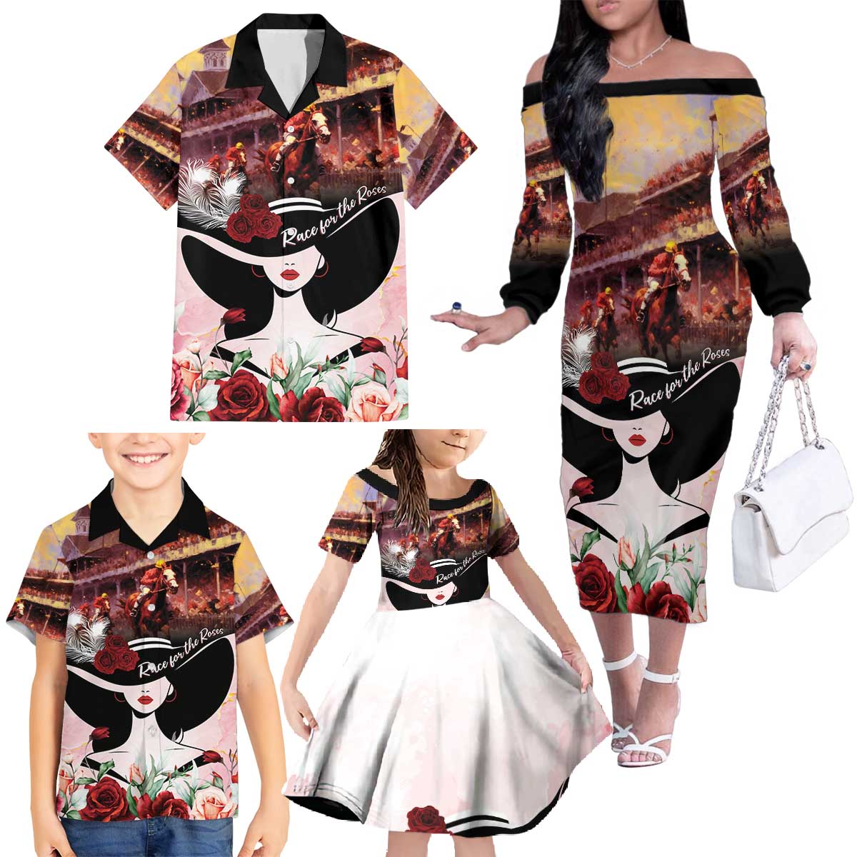 Kentucky Horse Racing Family Matching Off The Shoulder Long Sleeve Dress and Hawaiian Shirt Derby Girl - Marble Roses