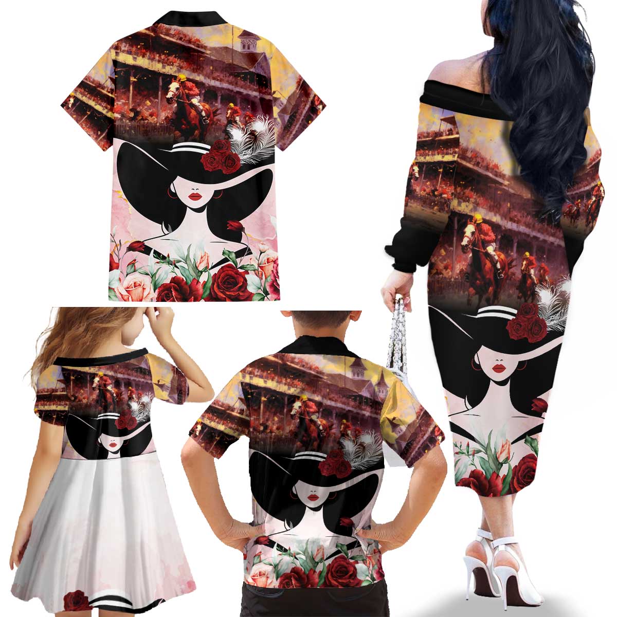Kentucky Horse Racing Family Matching Off The Shoulder Long Sleeve Dress and Hawaiian Shirt Derby Girl - Marble Roses