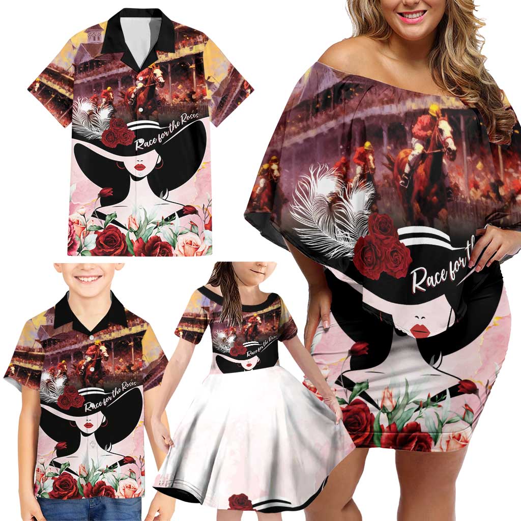 Kentucky Horse Racing Family Matching Off Shoulder Short Dress and Hawaiian Shirt Derby Girl - Marble Roses