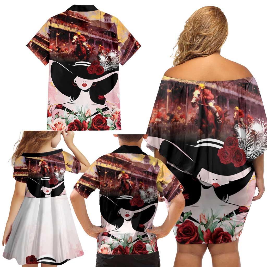 Kentucky Horse Racing Family Matching Off Shoulder Short Dress and Hawaiian Shirt Derby Girl - Marble Roses