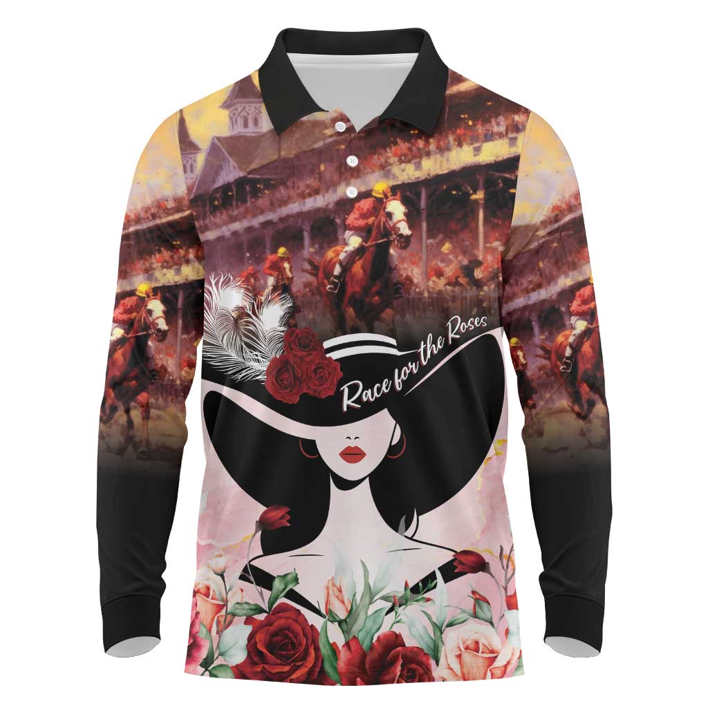 Kentucky Horse Racing Long Sleeve Polo Shirt Derby Girl - Marble Roses