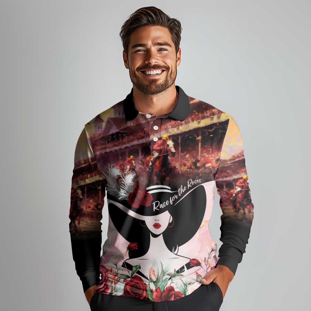 Kentucky Horse Racing Long Sleeve Polo Shirt Derby Girl - Marble Roses