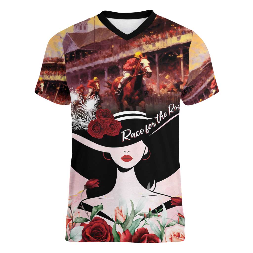 Kentucky Horse Racing Women V-Neck T-Shirt Derby Girl - Marble Roses