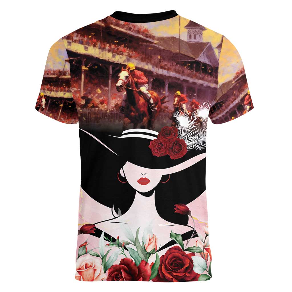Kentucky Horse Racing Women V-Neck T-Shirt Derby Girl - Marble Roses