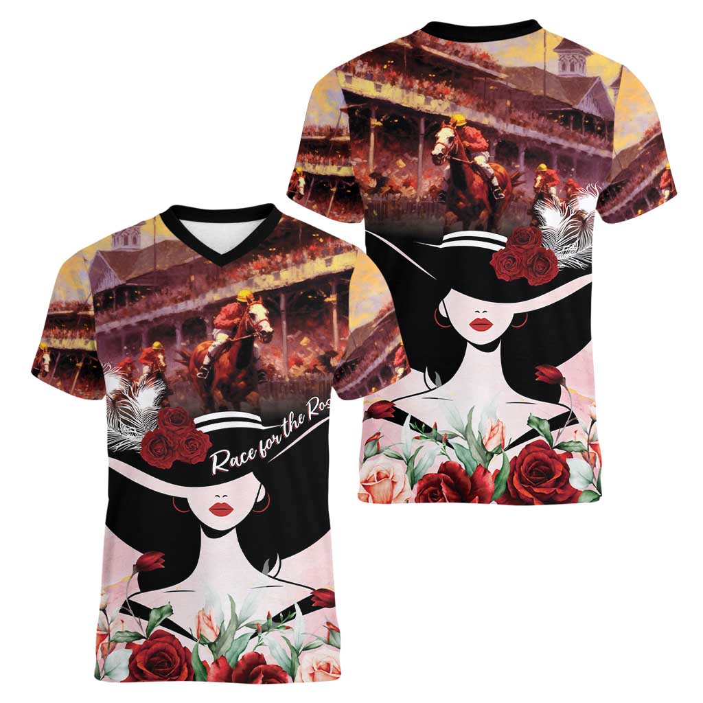 Kentucky Horse Racing Women V-Neck T-Shirt Derby Girl - Marble Roses