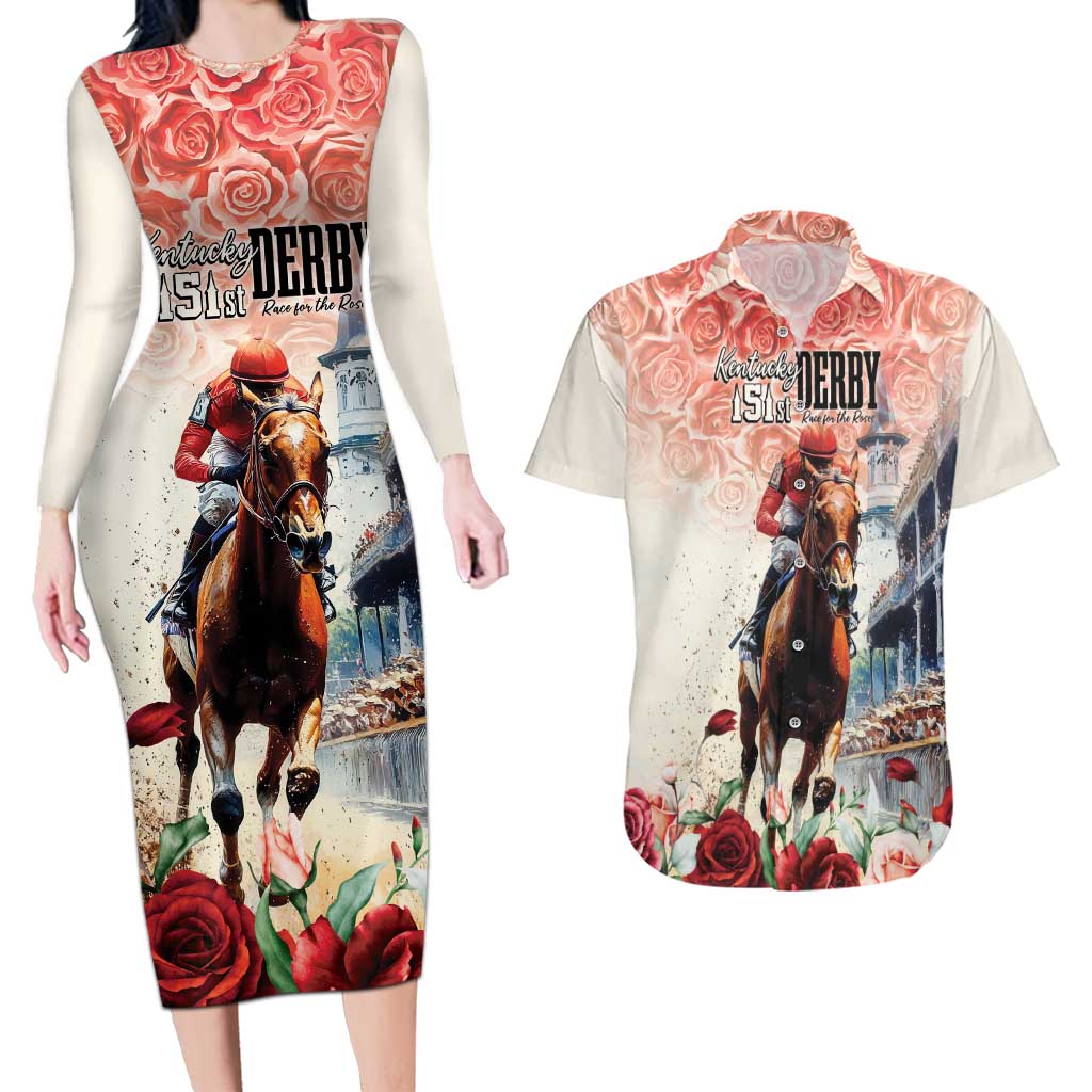 Kentucky Horse Racing Couples Matching Long Sleeve Bodycon Dress and Hawaiian Shirt 151st Derby Party
