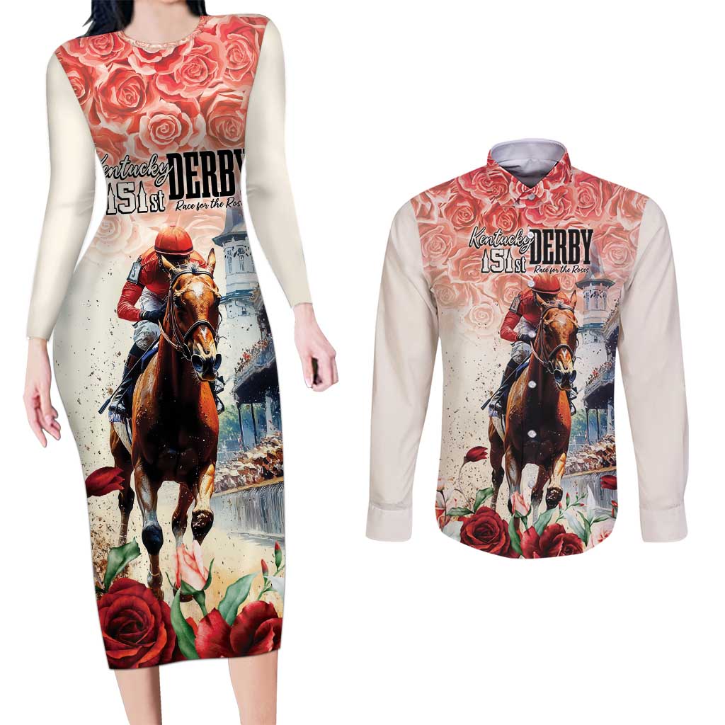 Kentucky Horse Racing Couples Matching Long Sleeve Bodycon Dress and Long Sleeve Button Shirt 151st Derby Party