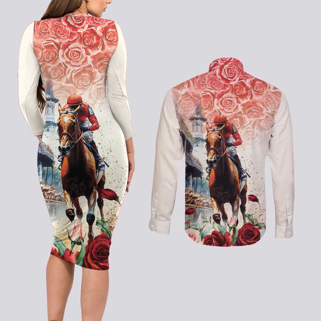 Kentucky Horse Racing Couples Matching Long Sleeve Bodycon Dress and Long Sleeve Button Shirt 151st Derby Party