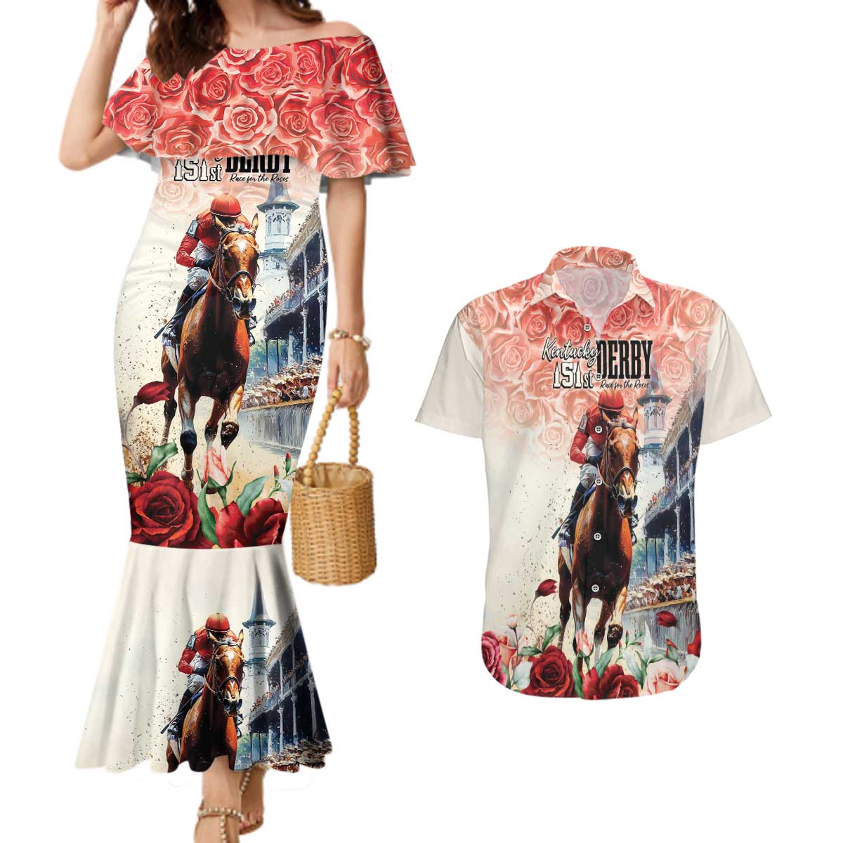 Kentucky Horse Racing Couples Matching Mermaid Dress and Hawaiian Shirt 151st Derby Party