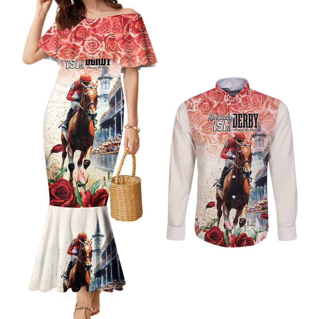 Kentucky Horse Racing Couples Matching Mermaid Dress and Long Sleeve Button Shirt 151st Derby Party