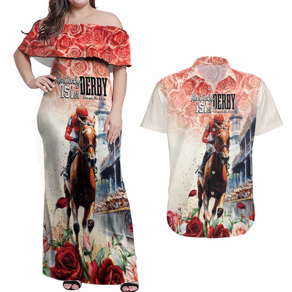 Kentucky Horse Racing Couples Matching Off Shoulder Maxi Dress and Hawaiian Shirt 151st Derby Party