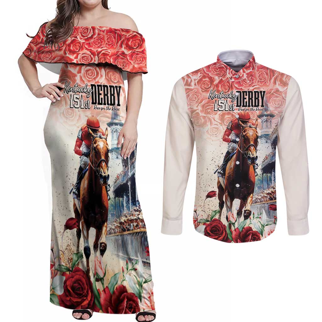 Kentucky Horse Racing Couples Matching Off Shoulder Maxi Dress and Long Sleeve Button Shirt 151st Derby Party