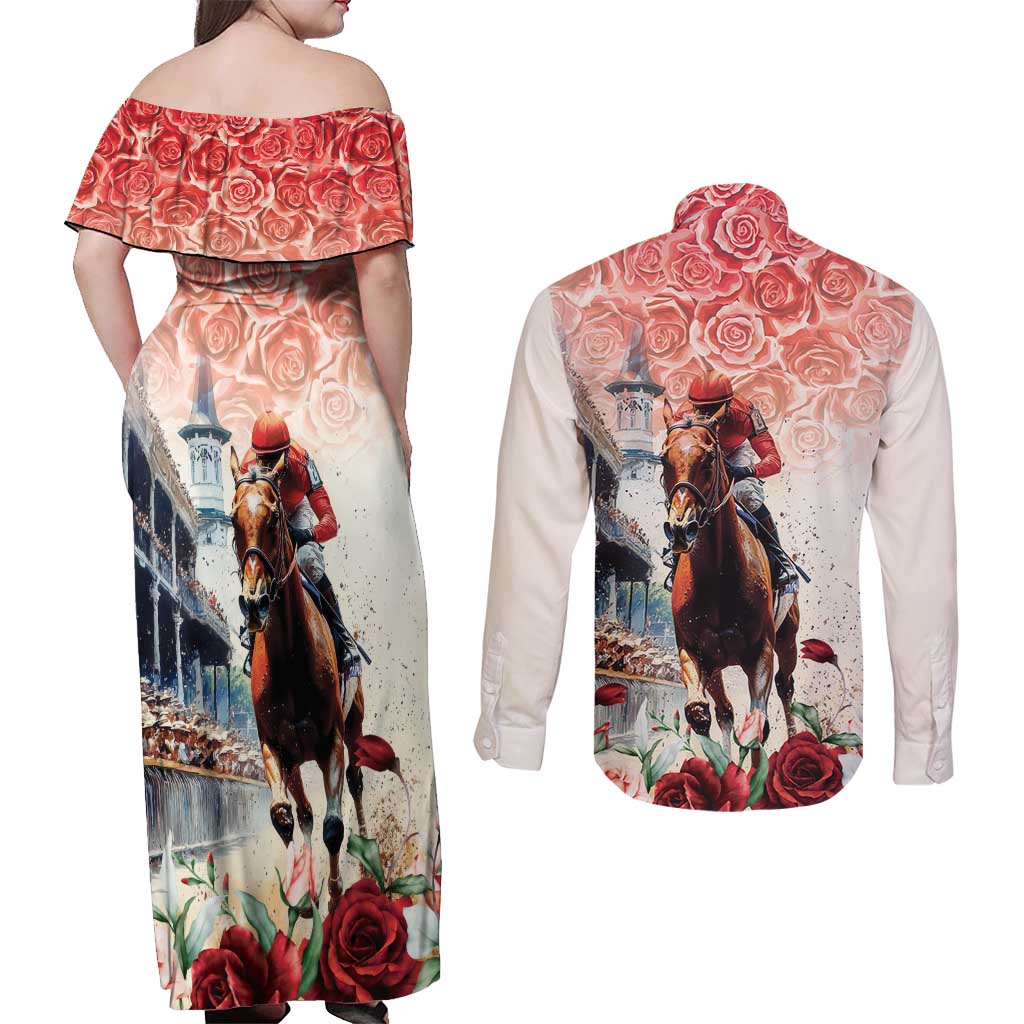 Kentucky Horse Racing Couples Matching Off Shoulder Maxi Dress and Long Sleeve Button Shirt 151st Derby Party