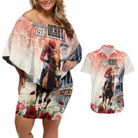 Kentucky Horse Racing Couples Matching Off Shoulder Short Dress and Hawaiian Shirt 151st Derby Party