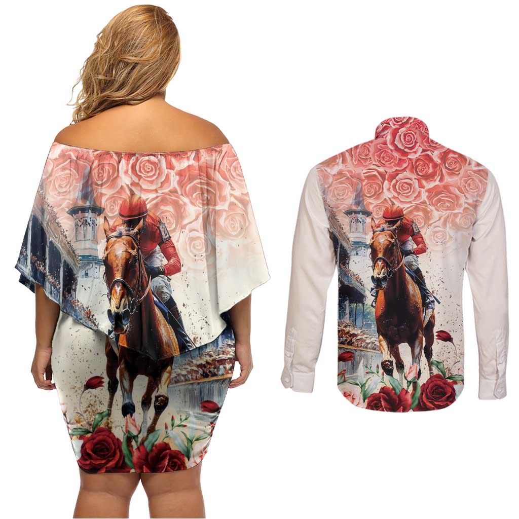 Kentucky Horse Racing Couples Matching Off Shoulder Short Dress and Long Sleeve Button Shirt 151st Derby Party