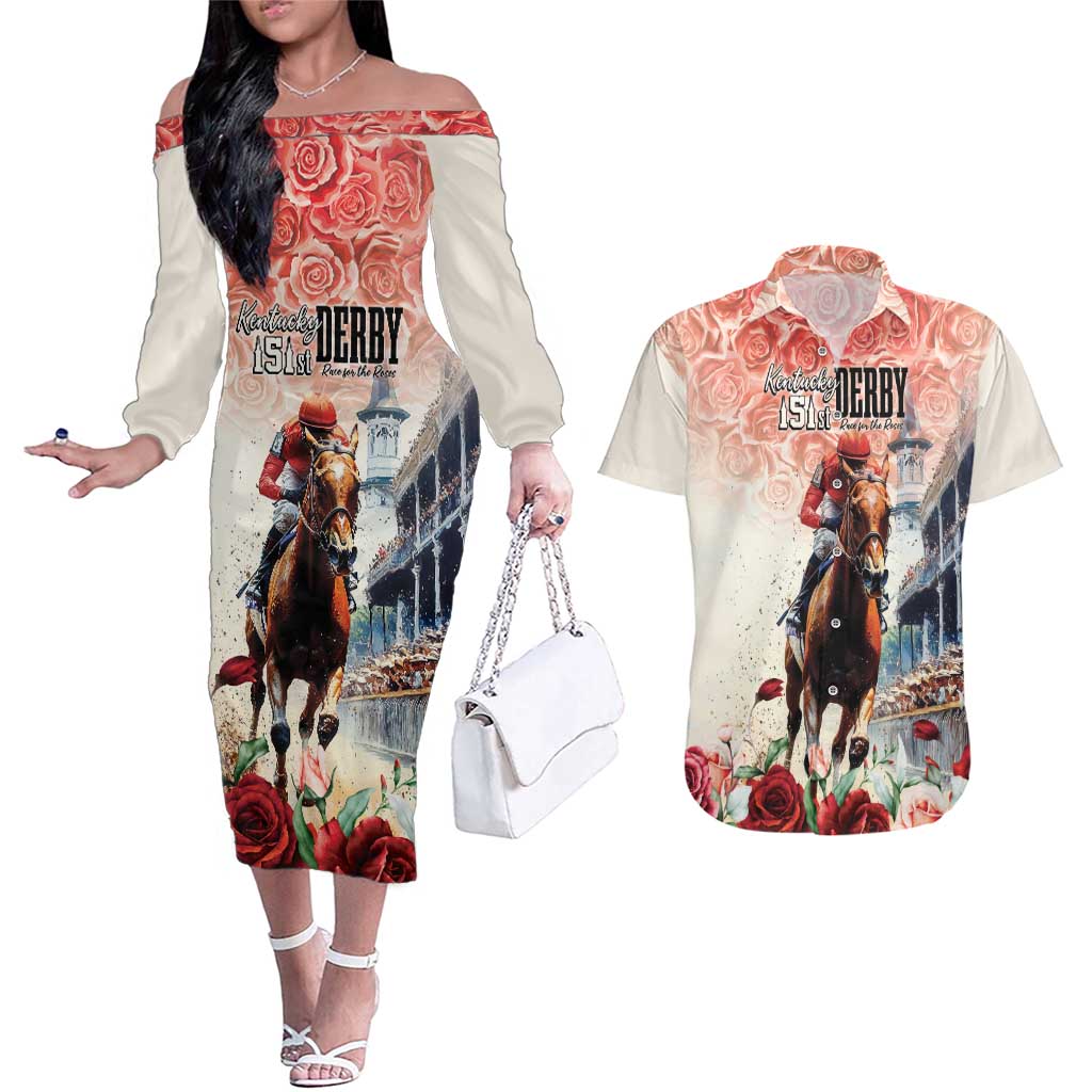 Kentucky Horse Racing Couples Matching Off The Shoulder Long Sleeve Dress and Hawaiian Shirt 151st Derby Party