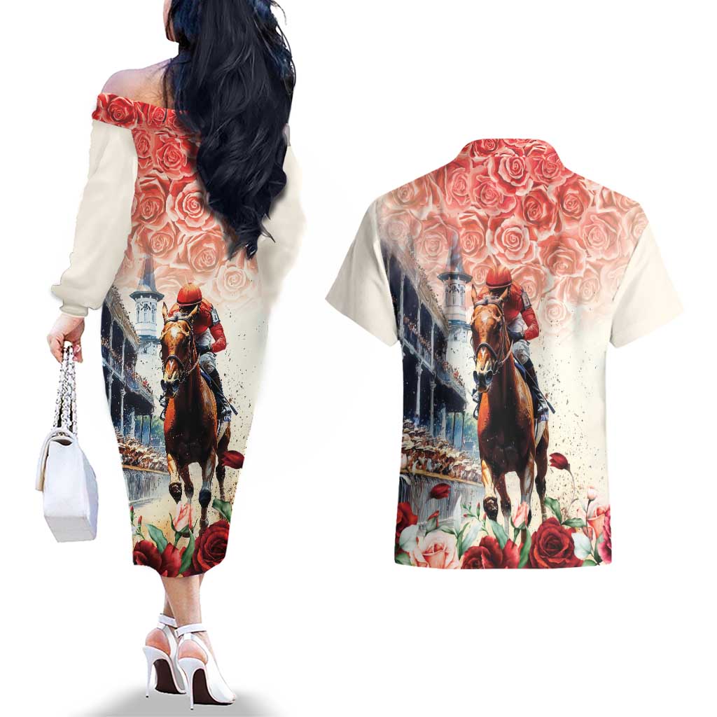 Kentucky Horse Racing Couples Matching Off The Shoulder Long Sleeve Dress and Hawaiian Shirt 151st Derby Party
