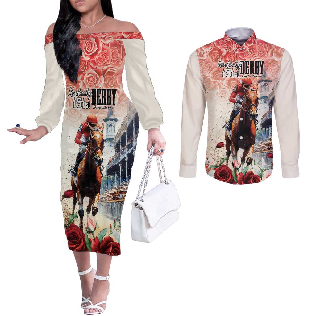 Kentucky Horse Racing Couples Matching Off The Shoulder Long Sleeve Dress and Long Sleeve Button Shirt 151st Derby Party