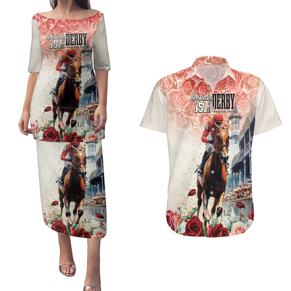 Kentucky Horse Racing Couples Matching Puletasi and Hawaiian Shirt 151st Derby Party