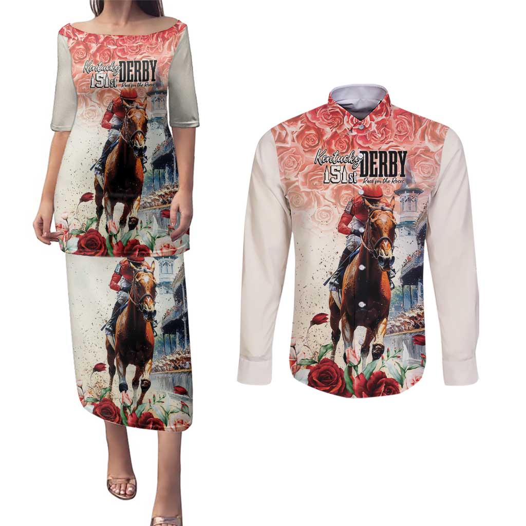Kentucky Horse Racing Couples Matching Puletasi and Long Sleeve Button Shirt 151st Derby Party