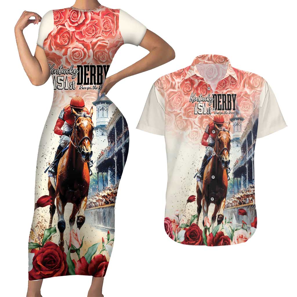 Kentucky Horse Racing Couples Matching Short Sleeve Bodycon Dress and Hawaiian Shirt 151st Derby Party