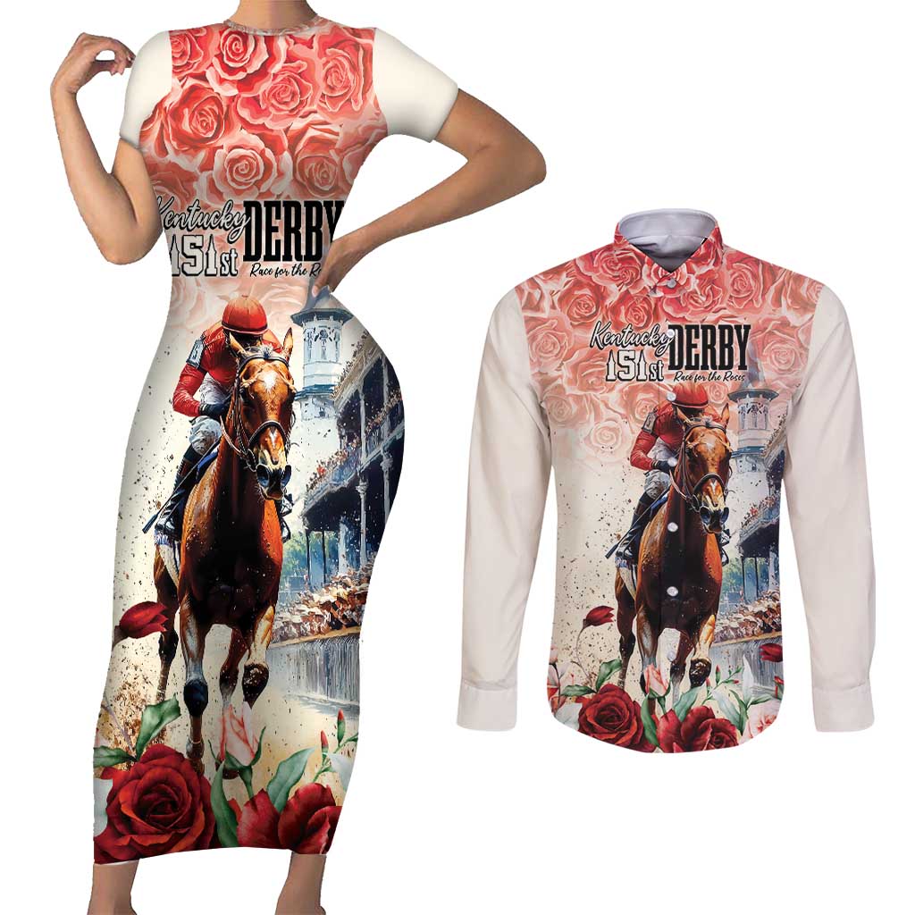 Kentucky Horse Racing Couples Matching Short Sleeve Bodycon Dress and Long Sleeve Button Shirt 151st Derby Party