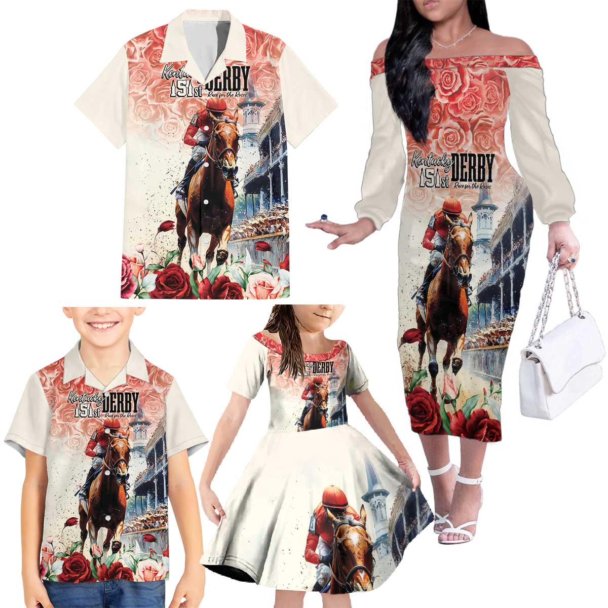 Kentucky Horse Racing Family Matching Off The Shoulder Long Sleeve Dress and Hawaiian Shirt 151st Derby Party