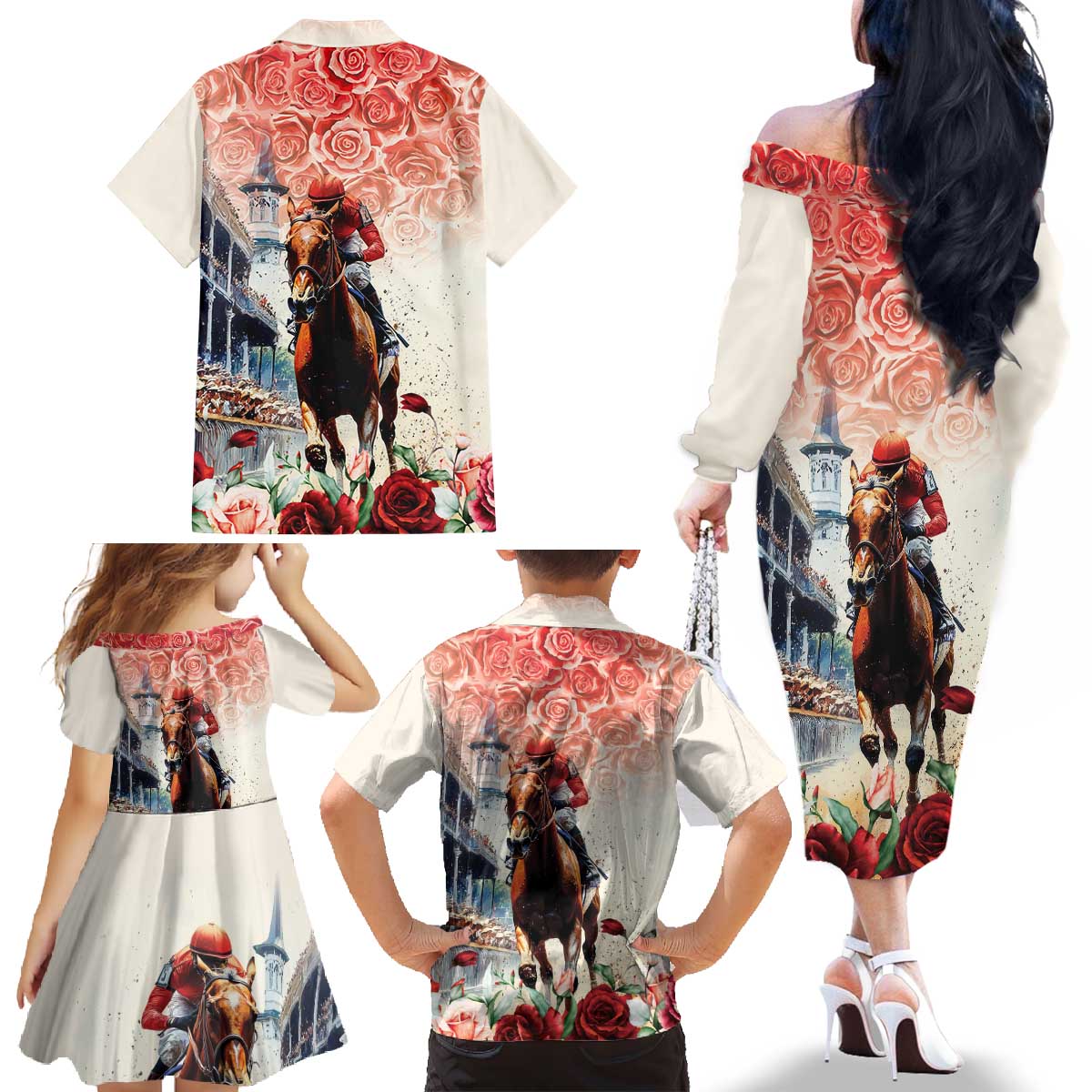 Kentucky Horse Racing Family Matching Off The Shoulder Long Sleeve Dress and Hawaiian Shirt 151st Derby Party
