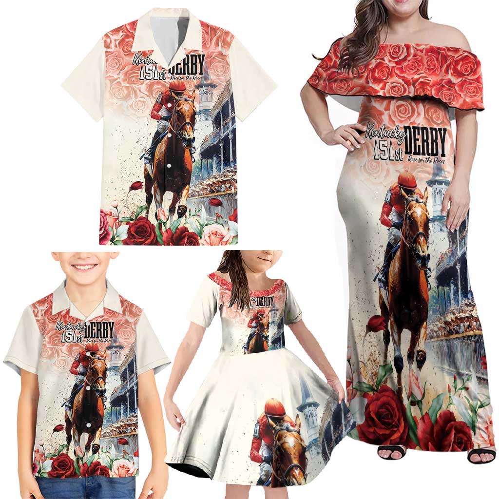Kentucky Horse Racing Family Matching Off Shoulder Maxi Dress and Hawaiian Shirt 151st Derby Party