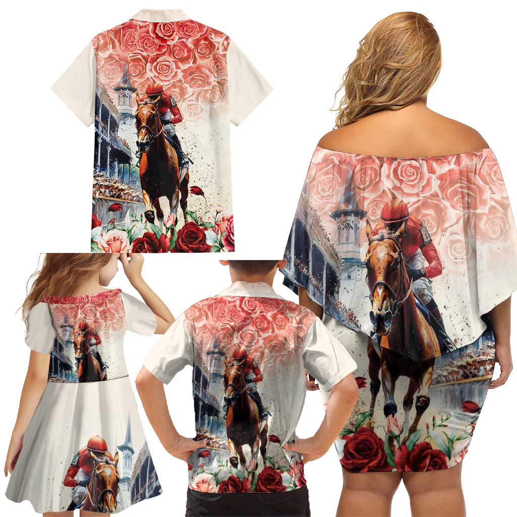 Kentucky Horse Racing Family Matching Off Shoulder Short Dress and Hawaiian Shirt 151st Derby Party