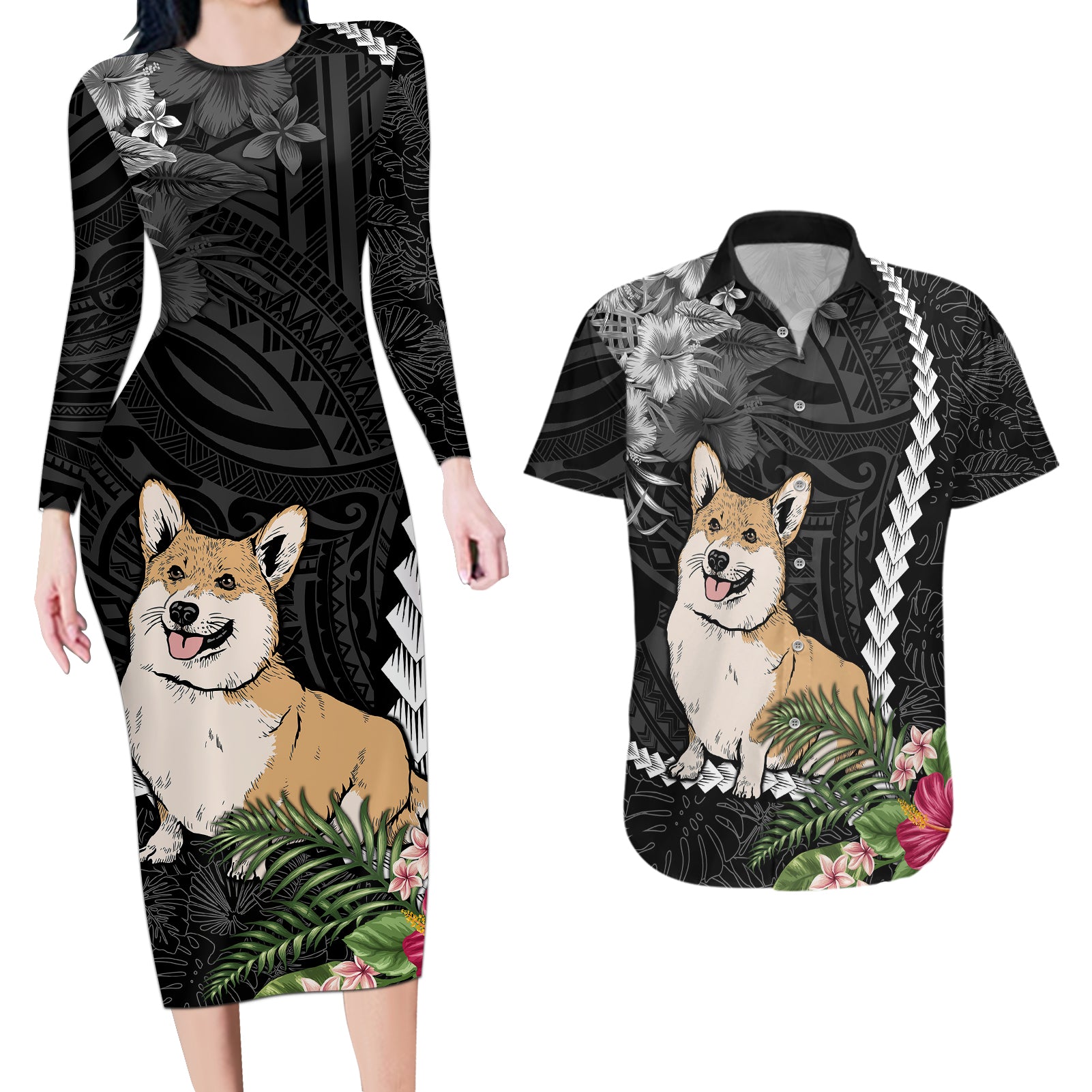 Personalised Polynesian Dog Couples Matching Long Sleeve Bodycon Dress and Hawaiian Shirt Corgi Mix Tropical Flowers LT7 - Wonder Print Shop