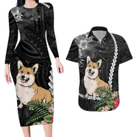 Personalised Polynesian Dog Couples Matching Long Sleeve Bodycon Dress and Hawaiian Shirt Corgi Mix Tropical Flowers LT7 - Wonder Print Shop
