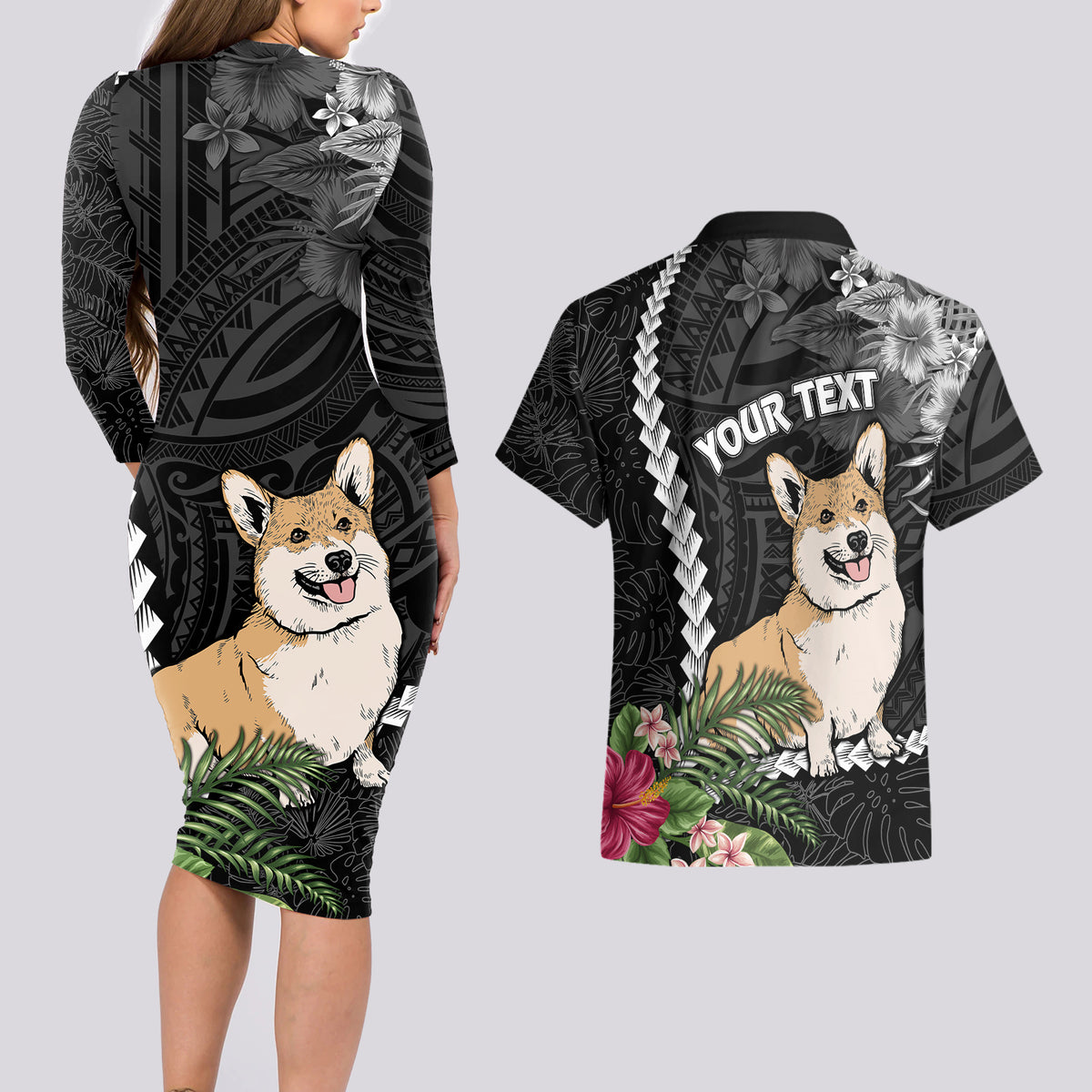 Personalised Polynesian Dog Couples Matching Long Sleeve Bodycon Dress and Hawaiian Shirt Corgi Mix Tropical Flowers LT7 - Wonder Print Shop