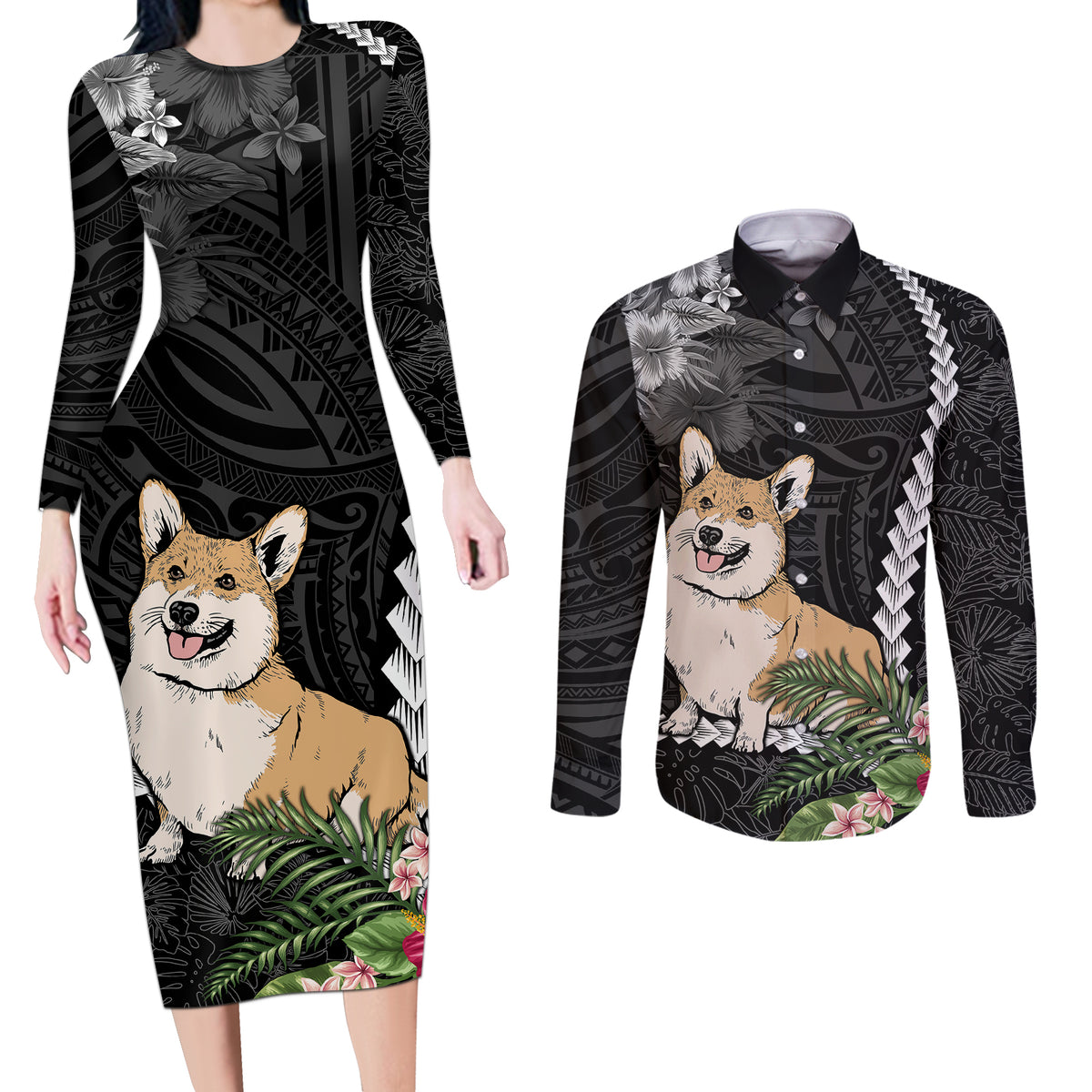Personalised Polynesian Dog Couples Matching Long Sleeve Bodycon Dress and Long Sleeve Button Shirts Corgi Mix Tropical Flowers LT7 - Wonder Print Shop