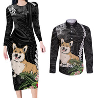 Personalised Polynesian Dog Couples Matching Long Sleeve Bodycon Dress and Long Sleeve Button Shirts Corgi Mix Tropical Flowers LT7 - Wonder Print Shop